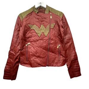 Wonder Woman Robe Factory Faux Leather Moto Zip Jacket Womens Medium Red Maroon